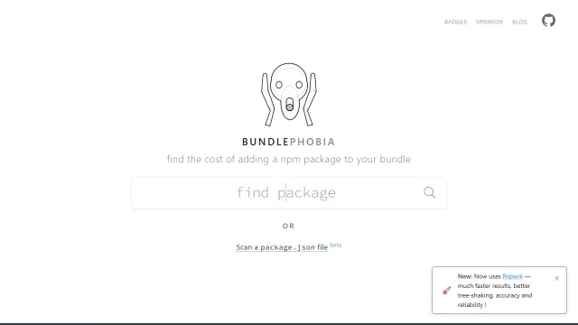 Screenshot of Bundlephobia