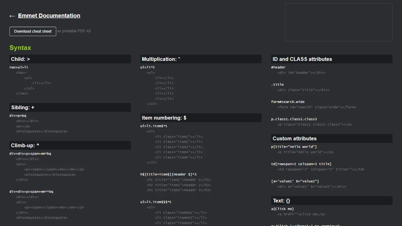 Screenshot of Emmet Cheat Sheet