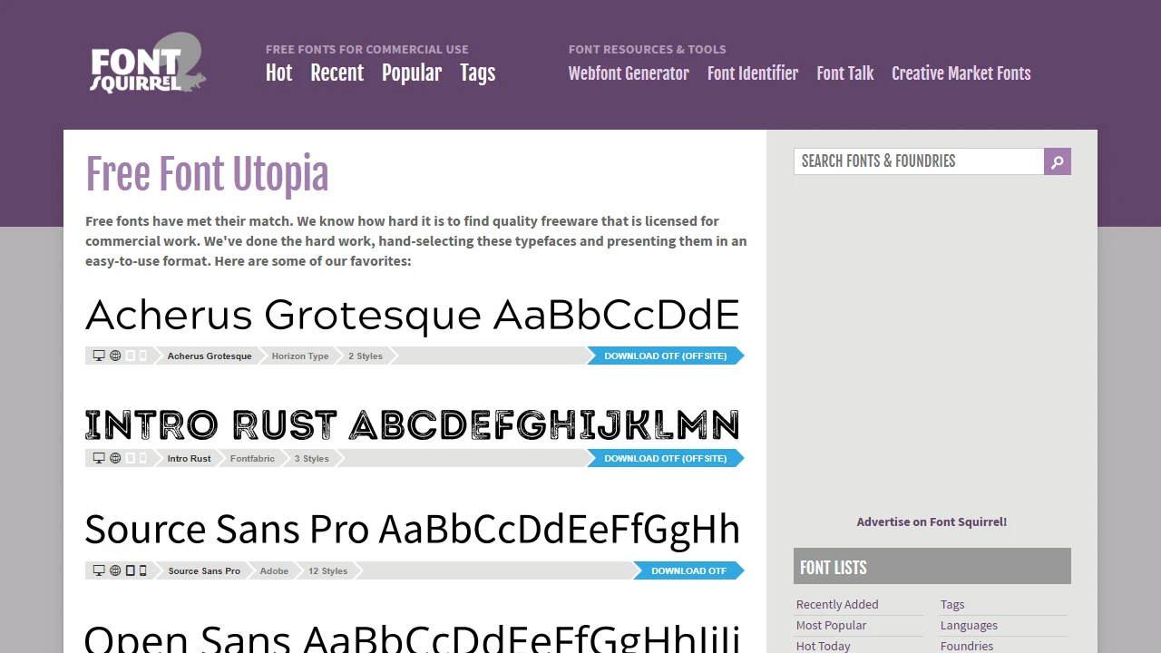 Screenshot of Font Squirrel