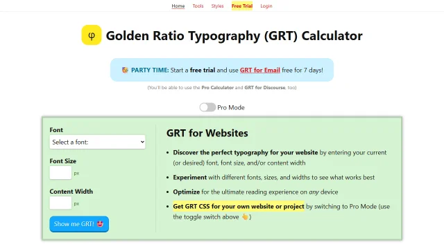 Screenshot of Golden Ratio Typography Calculator
