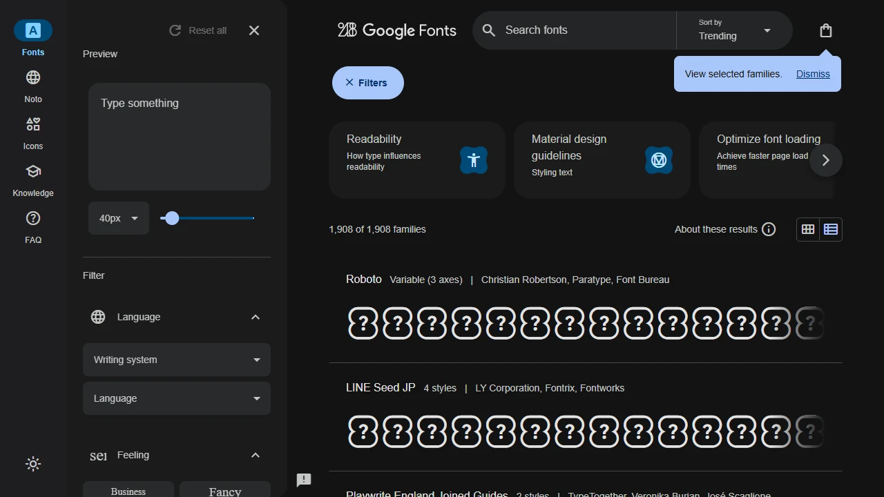 Screenshot of Google Fonts
