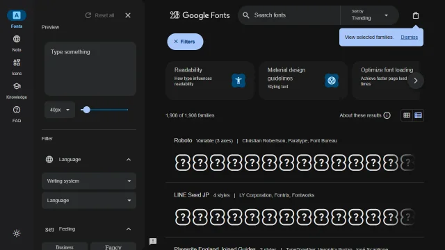 Screenshot of Google Fonts