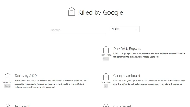 Screenshot of Google Graveyard