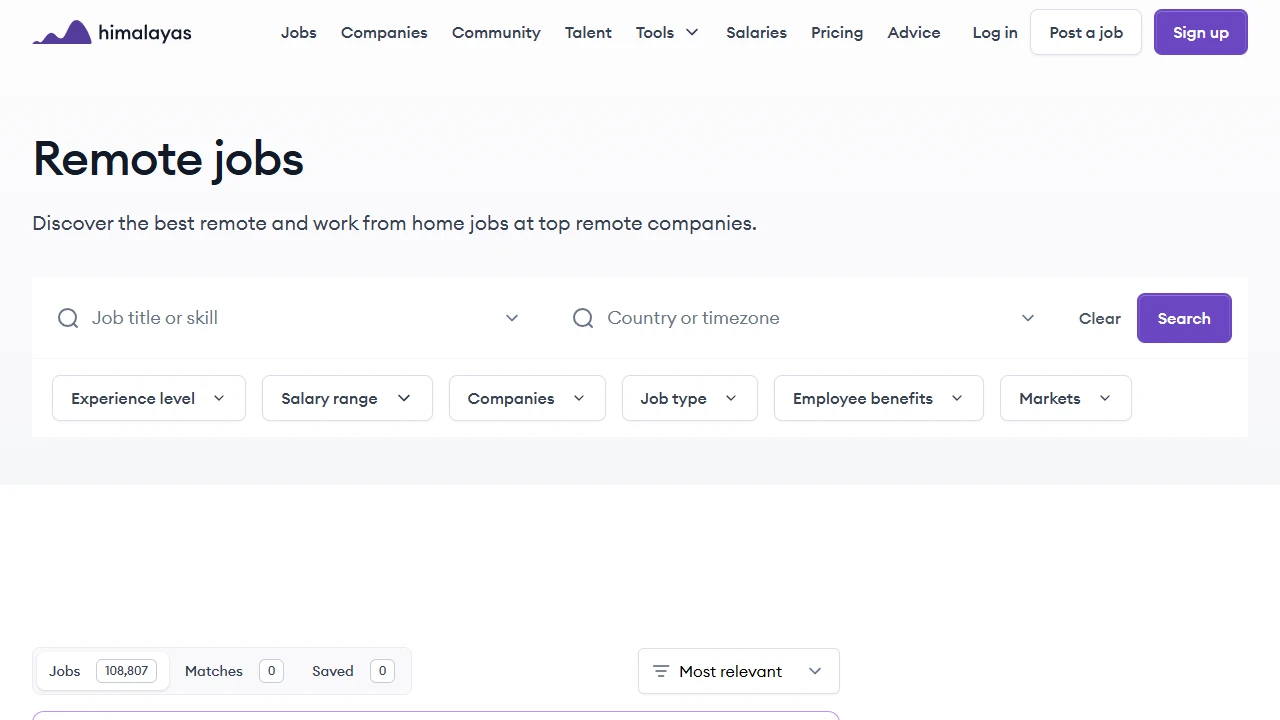 Screenshot of Himalayas Remote Jobs