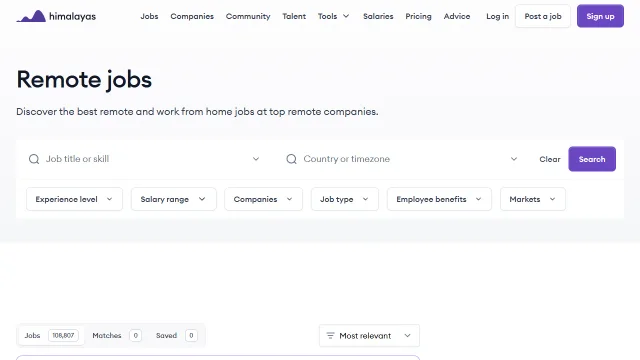 Screenshot of Himalayas Remote Jobs