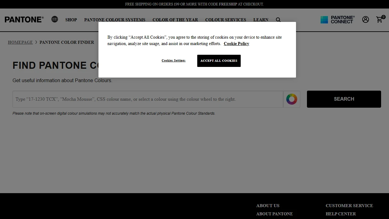 Screenshot of Pantone Colour Finder