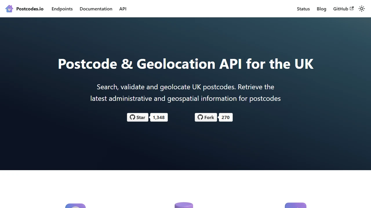 Screenshot of Postcodes.io