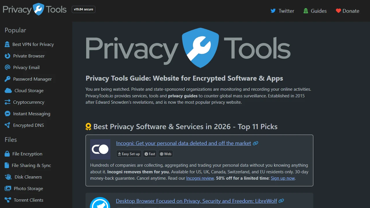 Screenshot of Privacy Tools