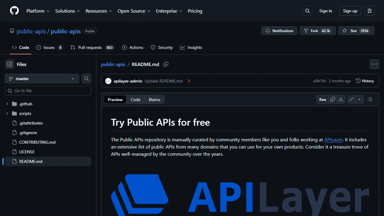 Screenshot of Public APIs
