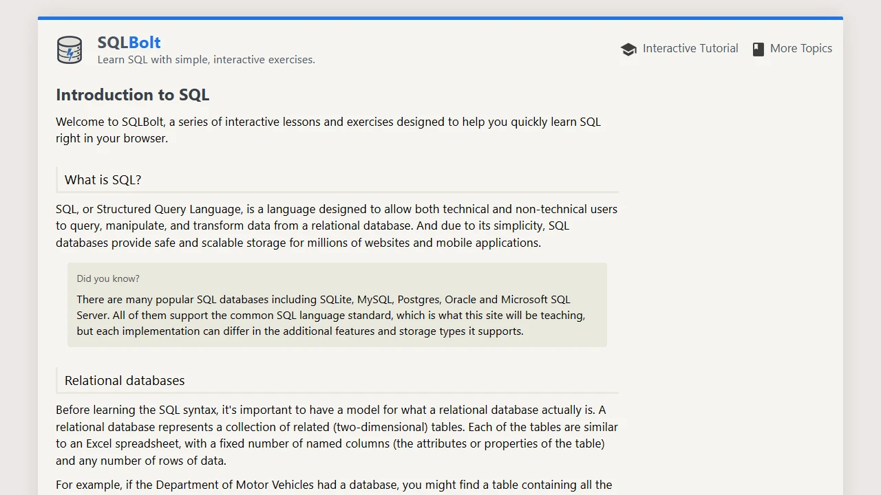 Screenshot of SQLBolt