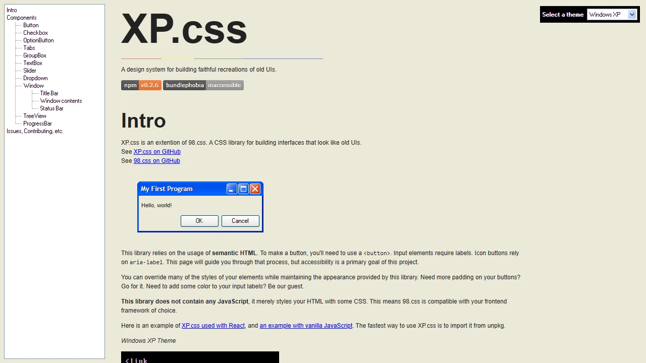 Screenshot of XP.css