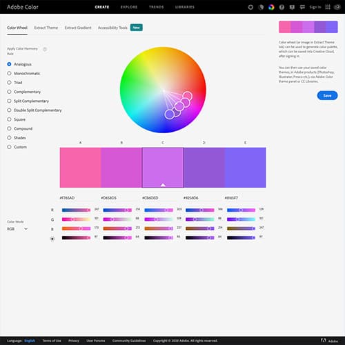 Screenshot of Adobe Color website