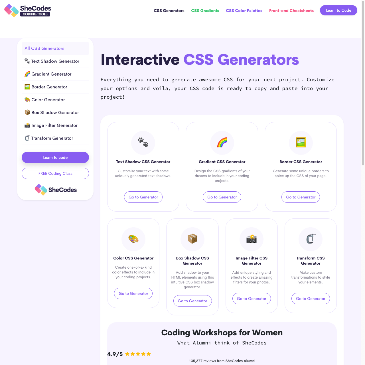 Screenshot of CSS Code Generators website