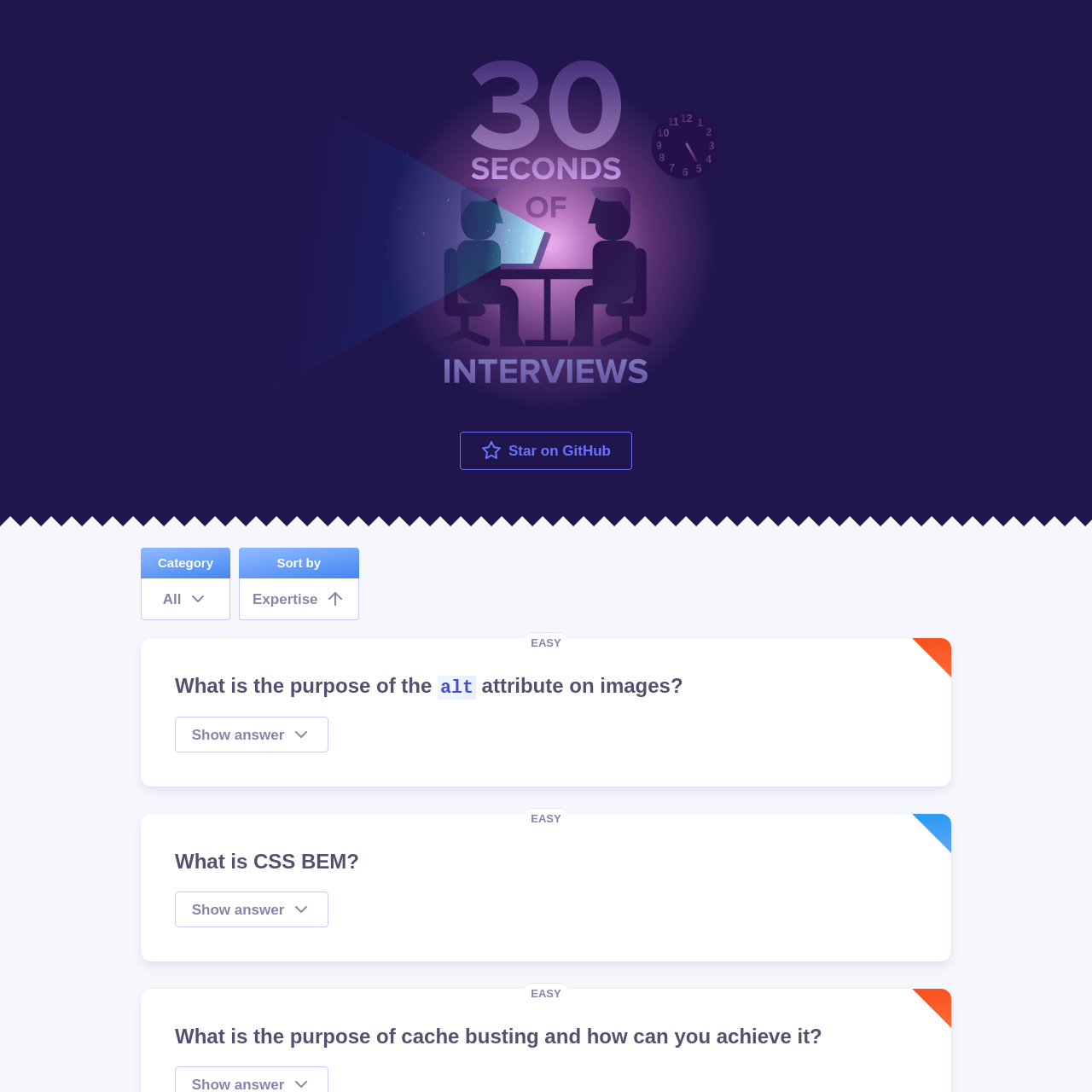 Screenshot of 30 Seconds of Interviews website