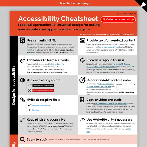 Screenshot of Accessibility Cheatsheet website