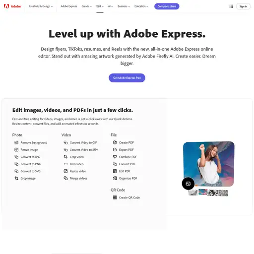 Screenshot of Adobe Express website