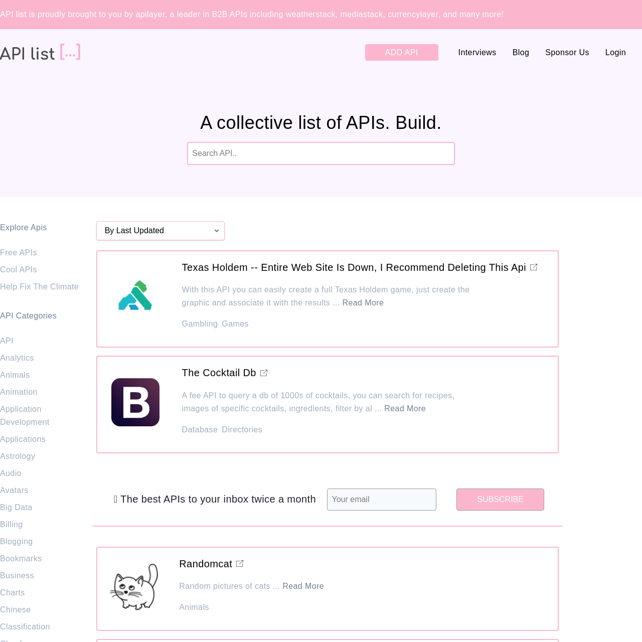 Screenshot of API list website