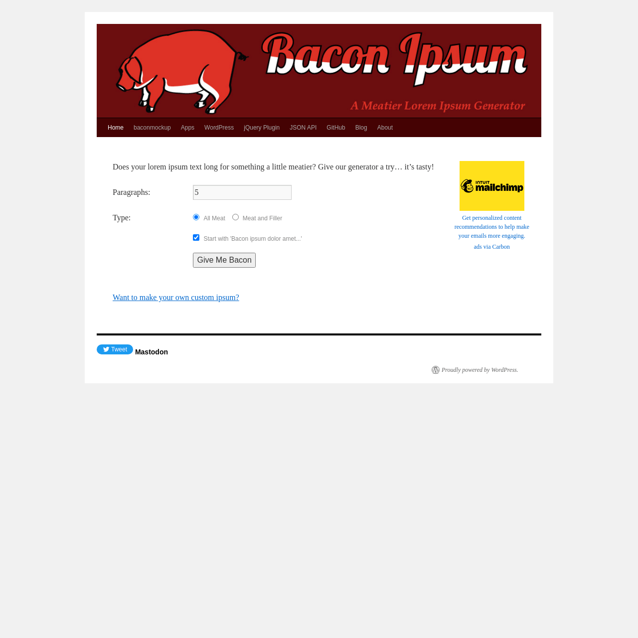 Screenshot of Bacon Ipsum website