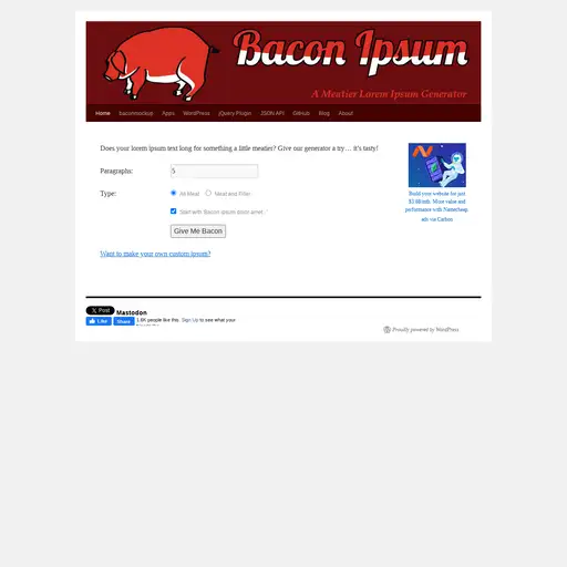 Screenshot of Bacon Ipsum website