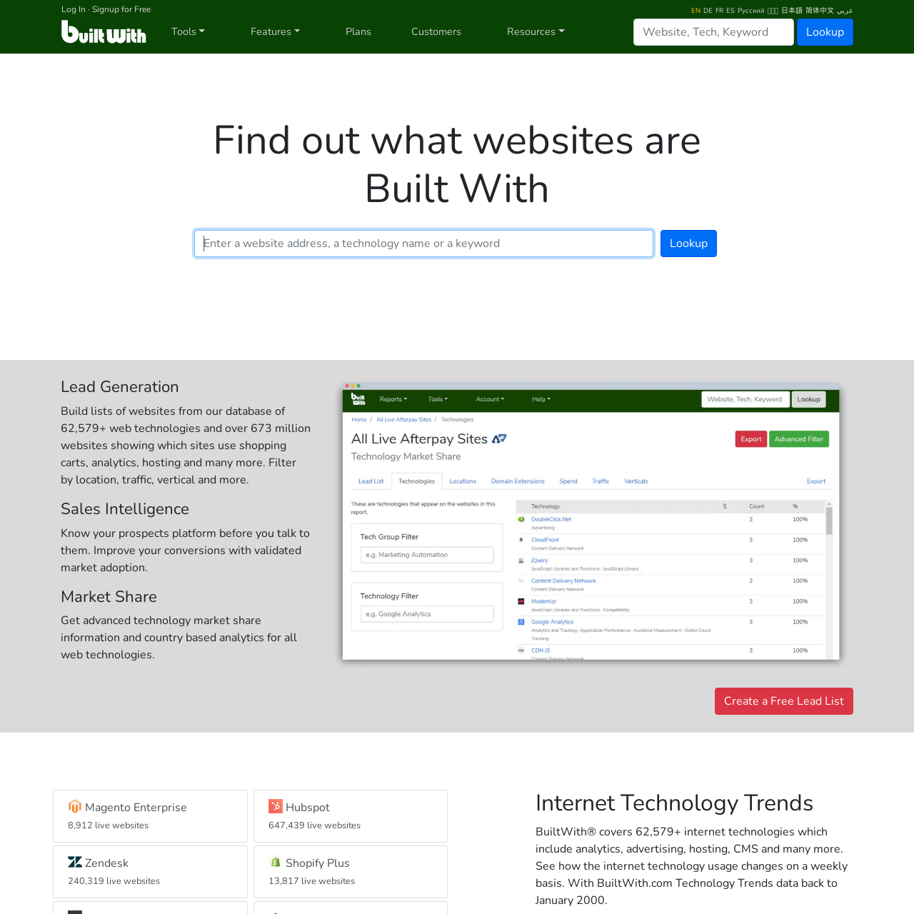 Screenshot of BuiltWith website