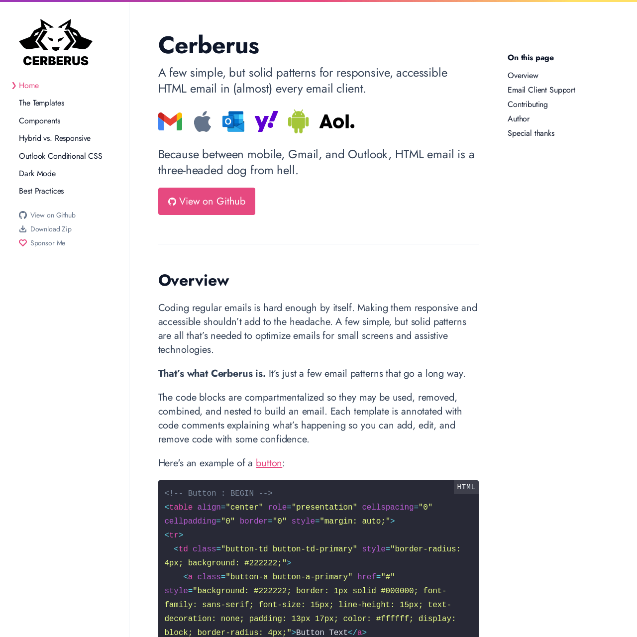 Screenshot of Cerberus website