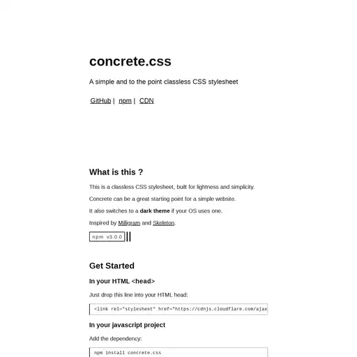 Screenshot of Concrete.css website