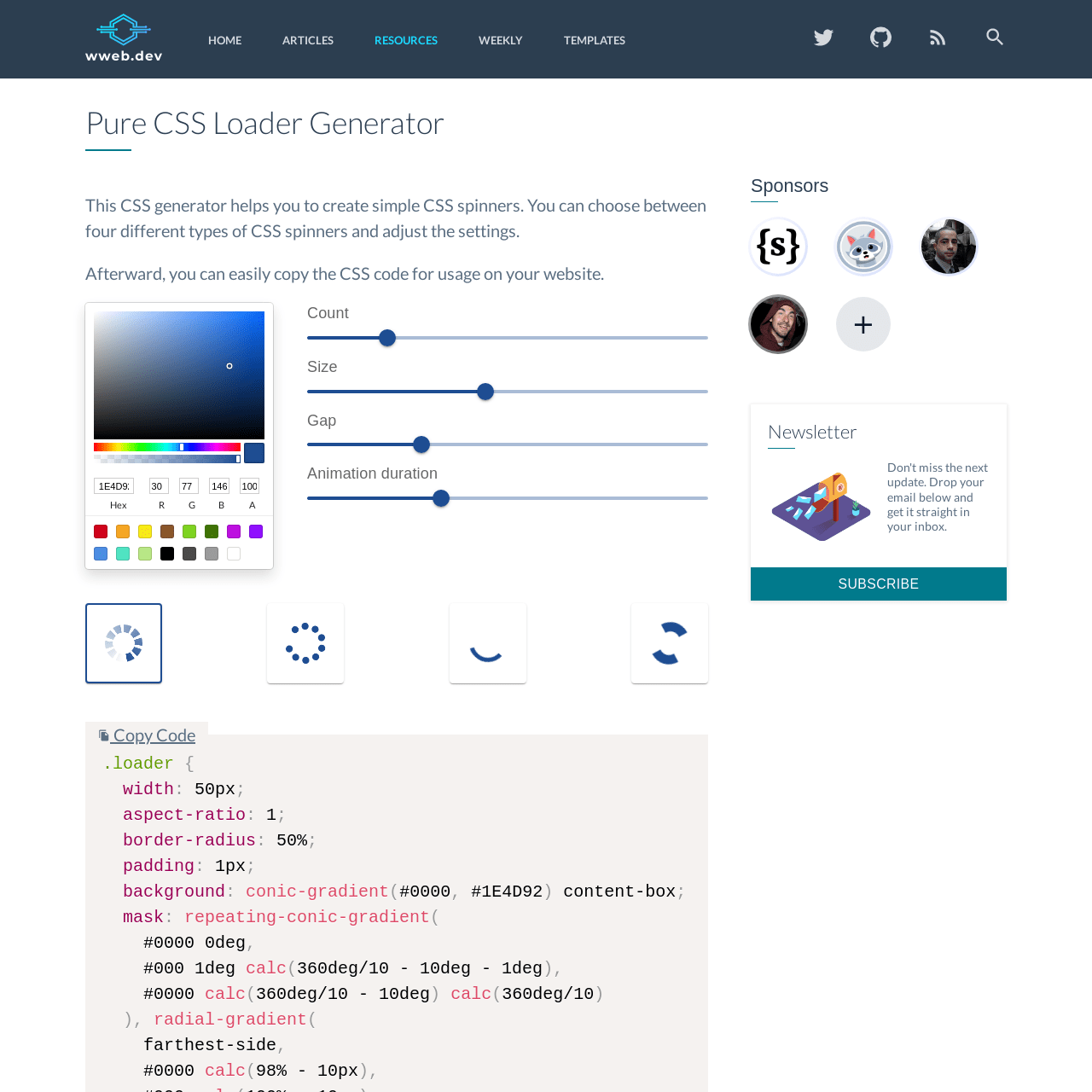 Screenshot of CSS Loader Generator website