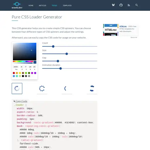 Screenshot of CSS Loader Generator website