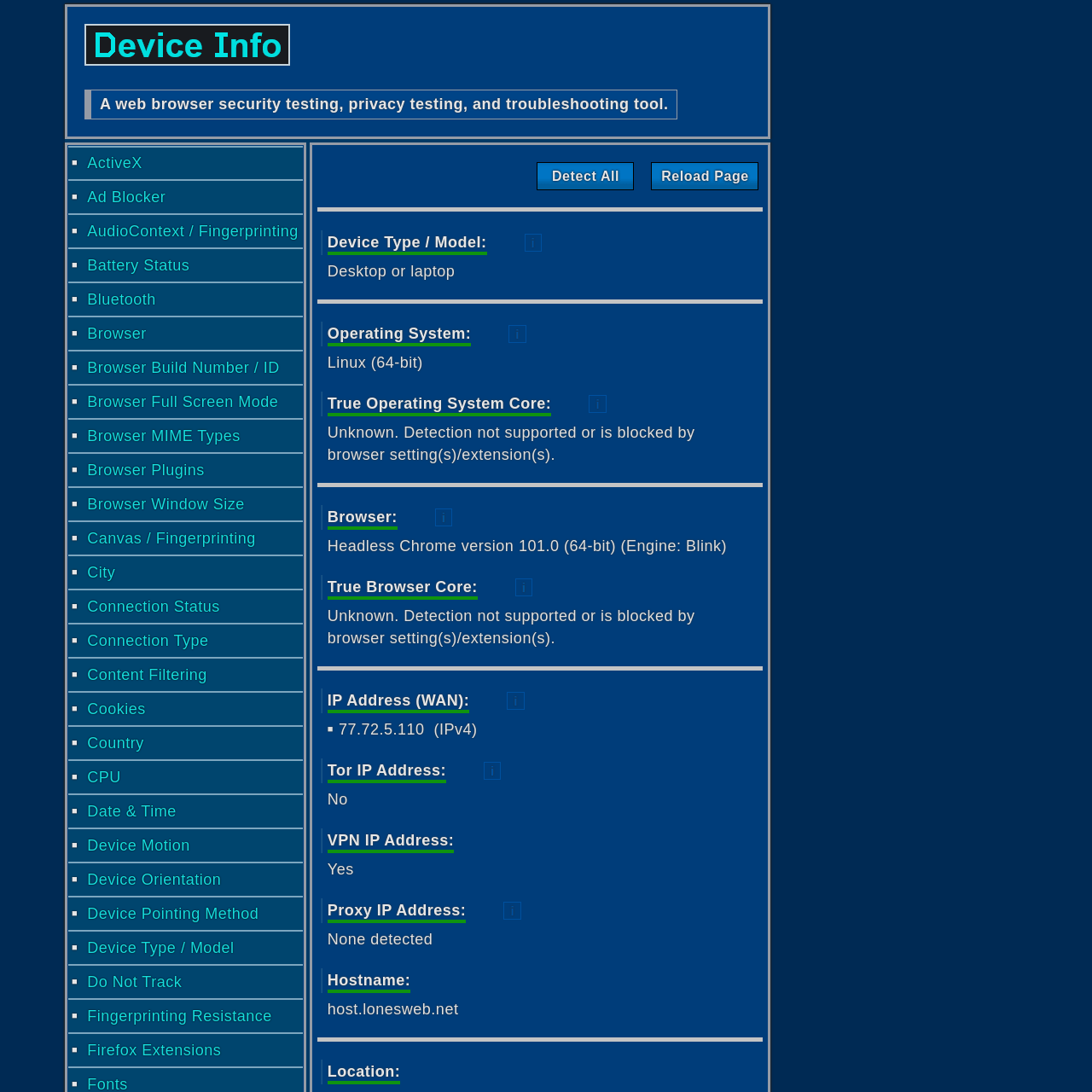 Screenshot of Device Info website