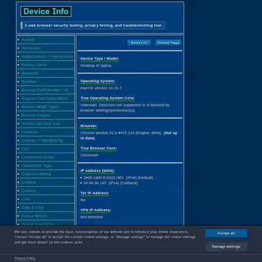 Screenshot of Device Info website