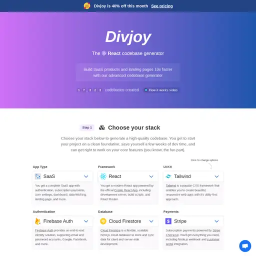 Screenshot of Divjoy React Generator website