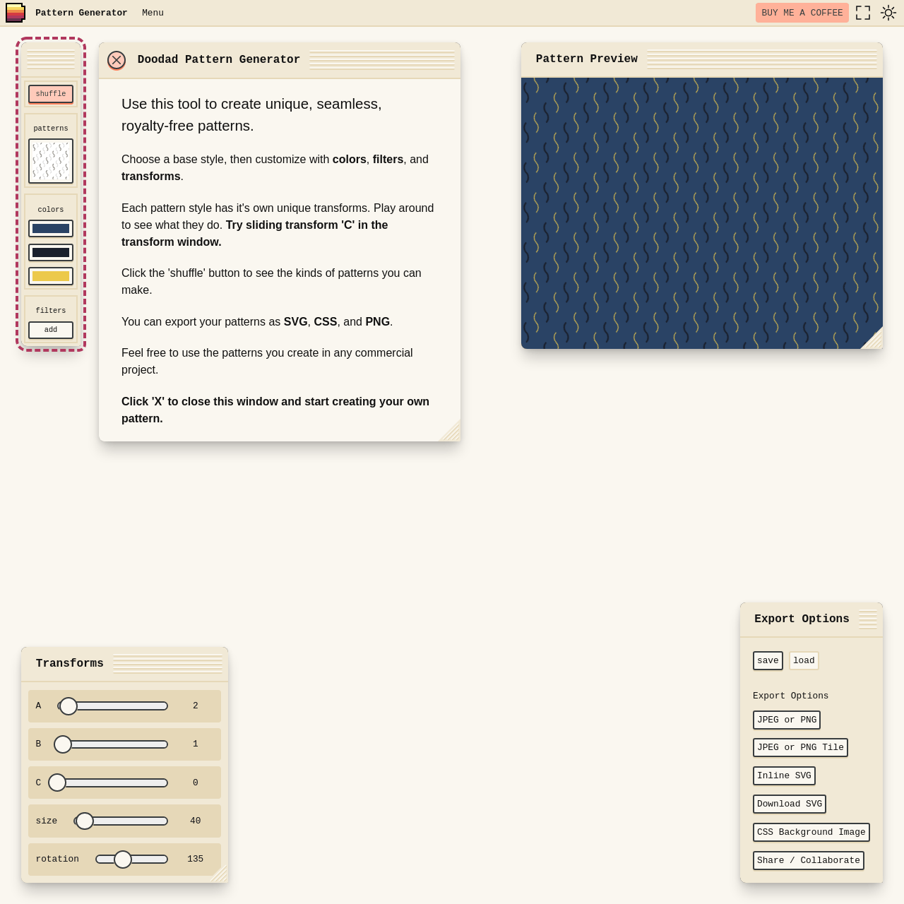 Screenshot of Doodad Pattern Generator website