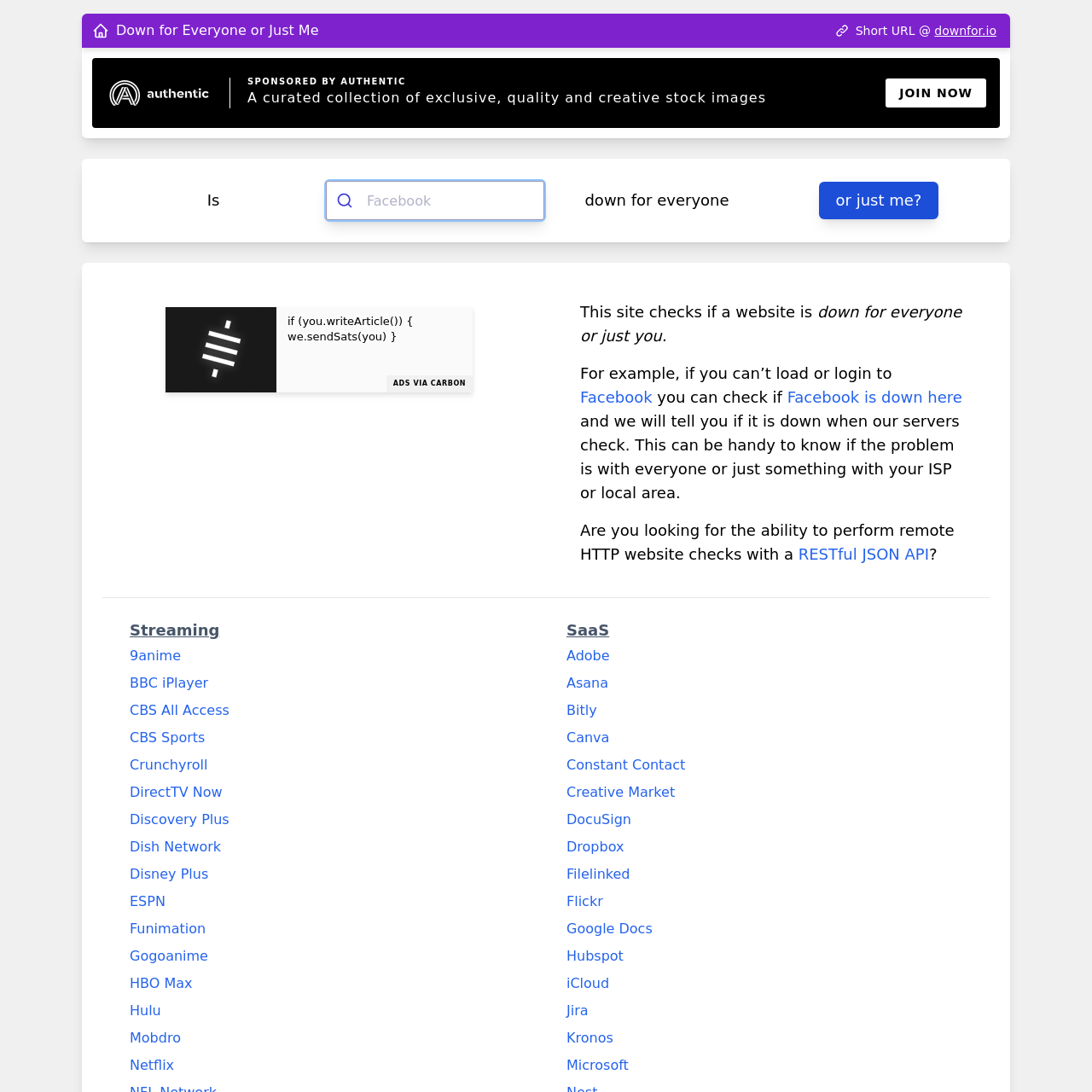 Screenshot of Down for Everyone or Just Me website