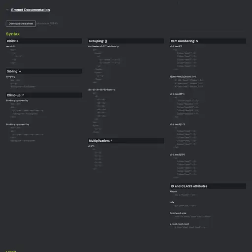 Screenshot of Emmet Cheat Sheet website