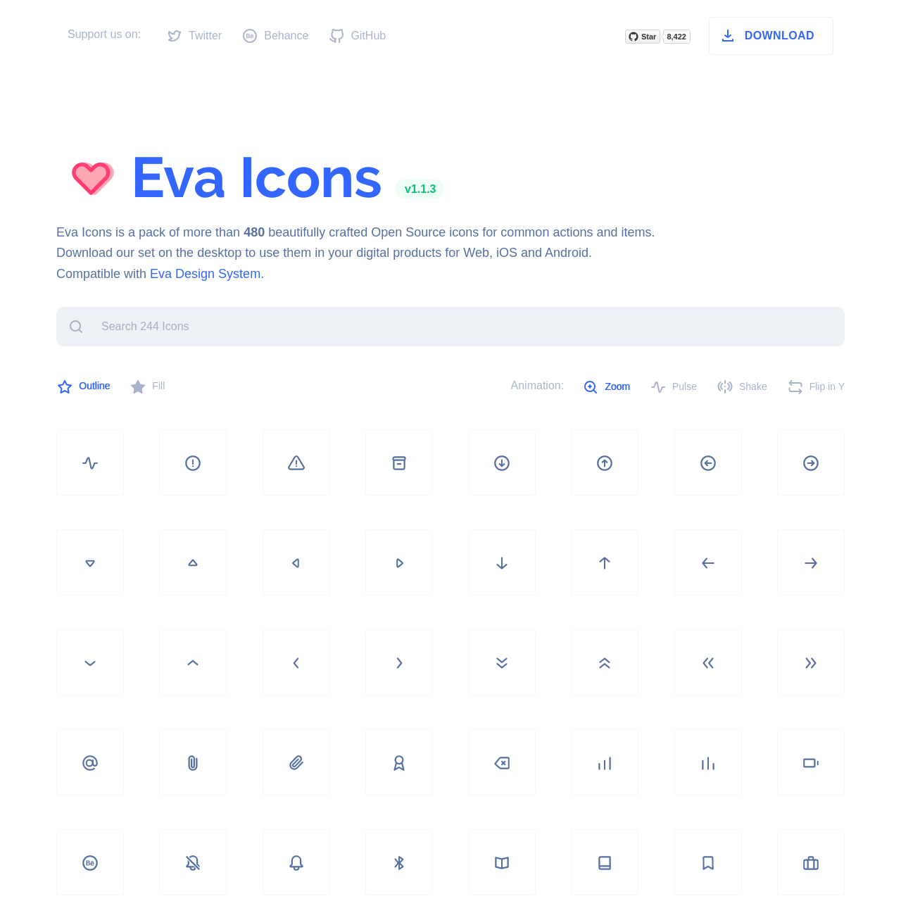 Screenshot of Eva Icons website