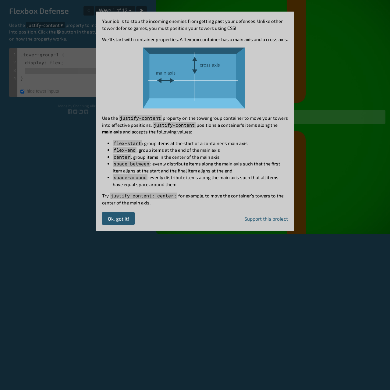 Screenshot of Flexbox Defense website