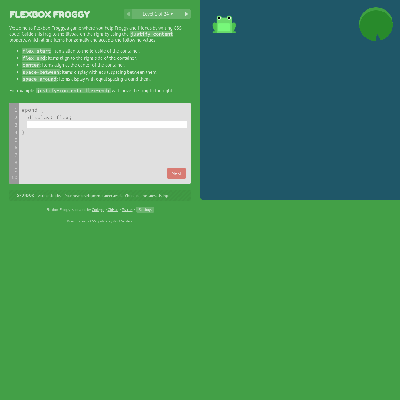 Screenshot of Flexbox Froggy website