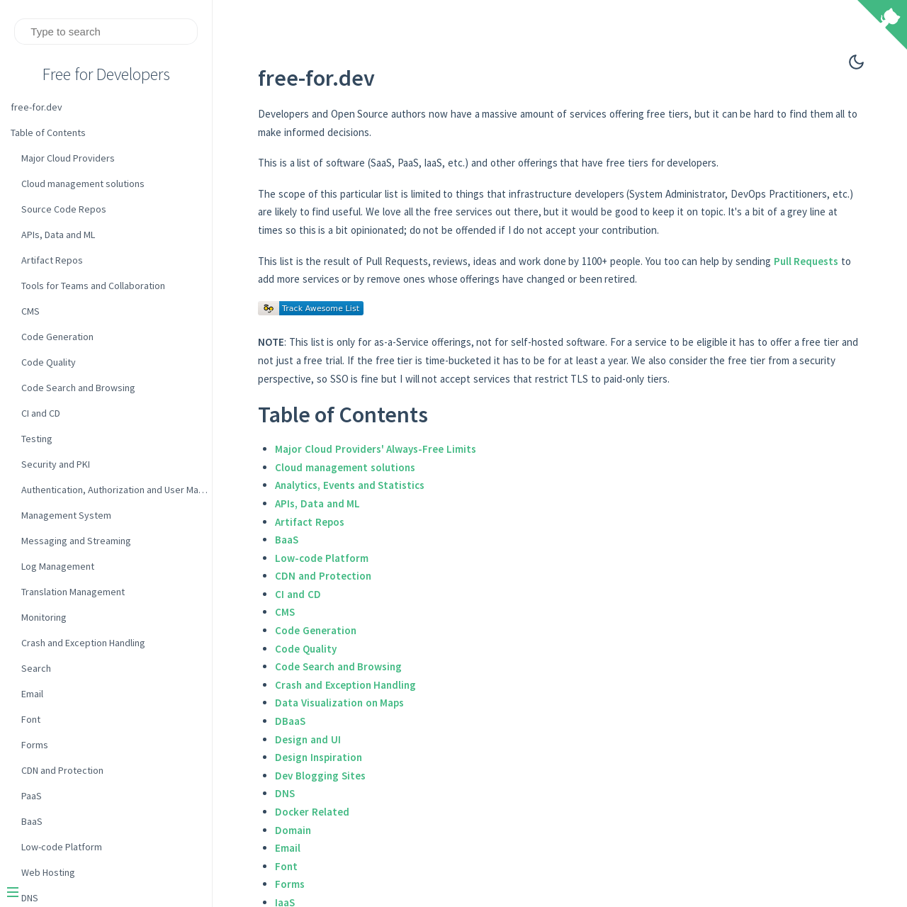 Screenshot of Free for Developers website
