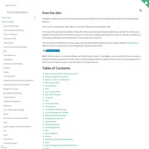 Screenshot of Free for Developers website