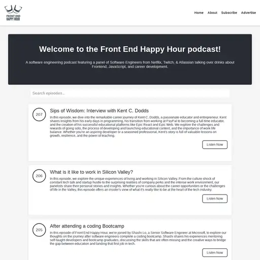 Screenshot of Front End Happy Hour Podcast website