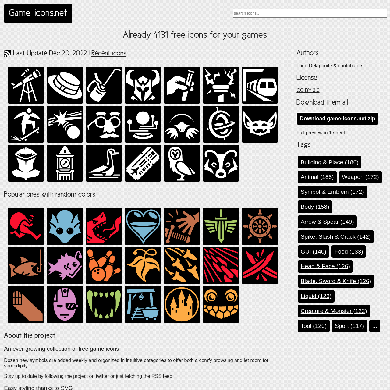 Screenshot of Game Icons website