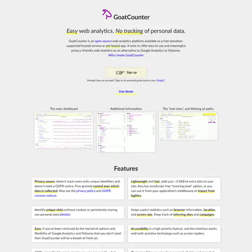 Screenshot of GoatCounter website