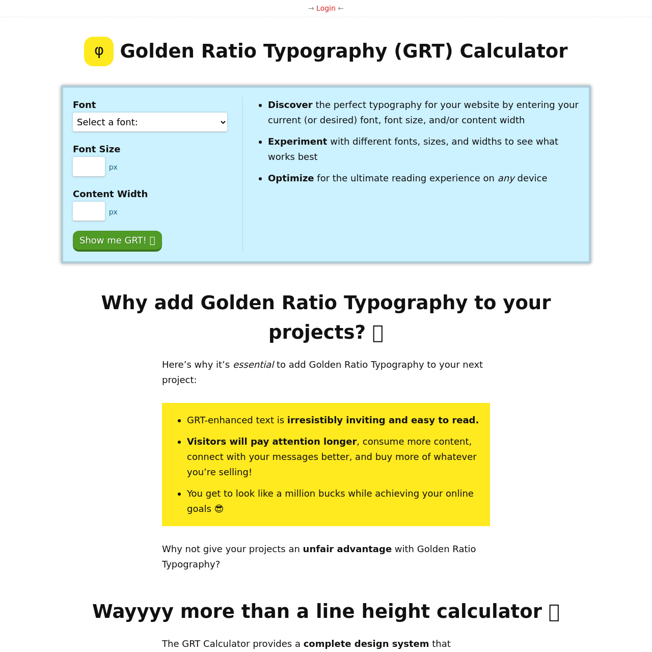 Screenshot of Golden Ratio Typography Calculator website