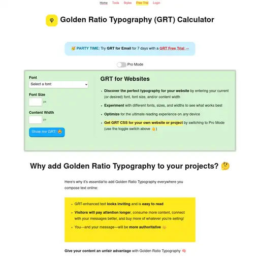 Screenshot of Golden Ratio Typography Calculator website