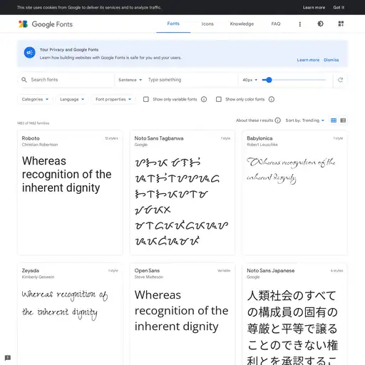 Screenshot of Google Fonts website