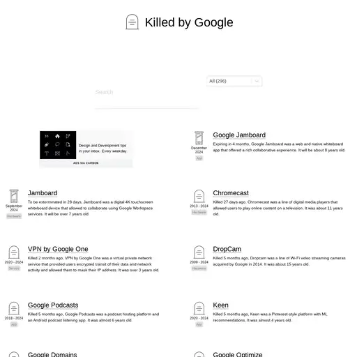 Screenshot of Google Graveyard website