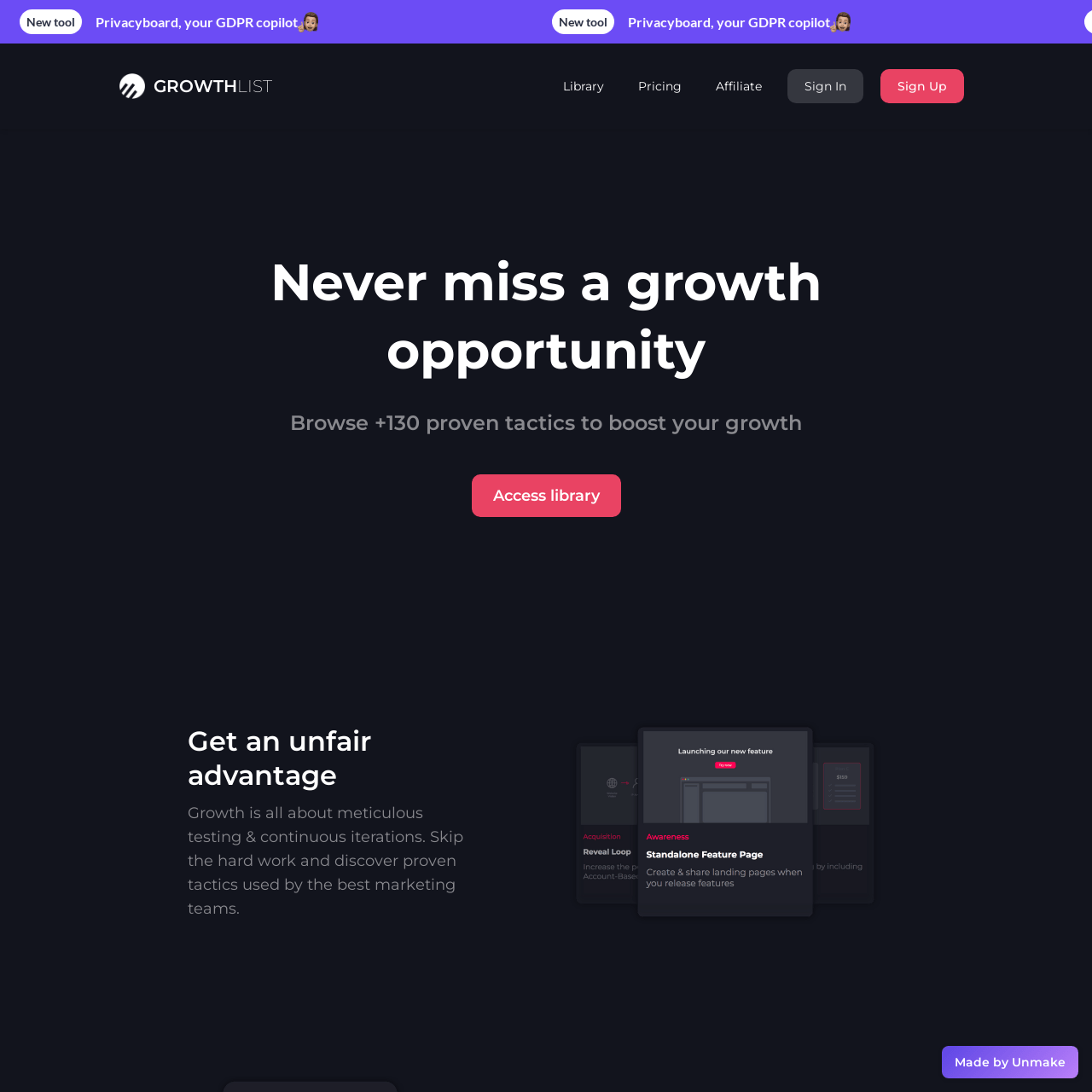 Screenshot of Growth List website
