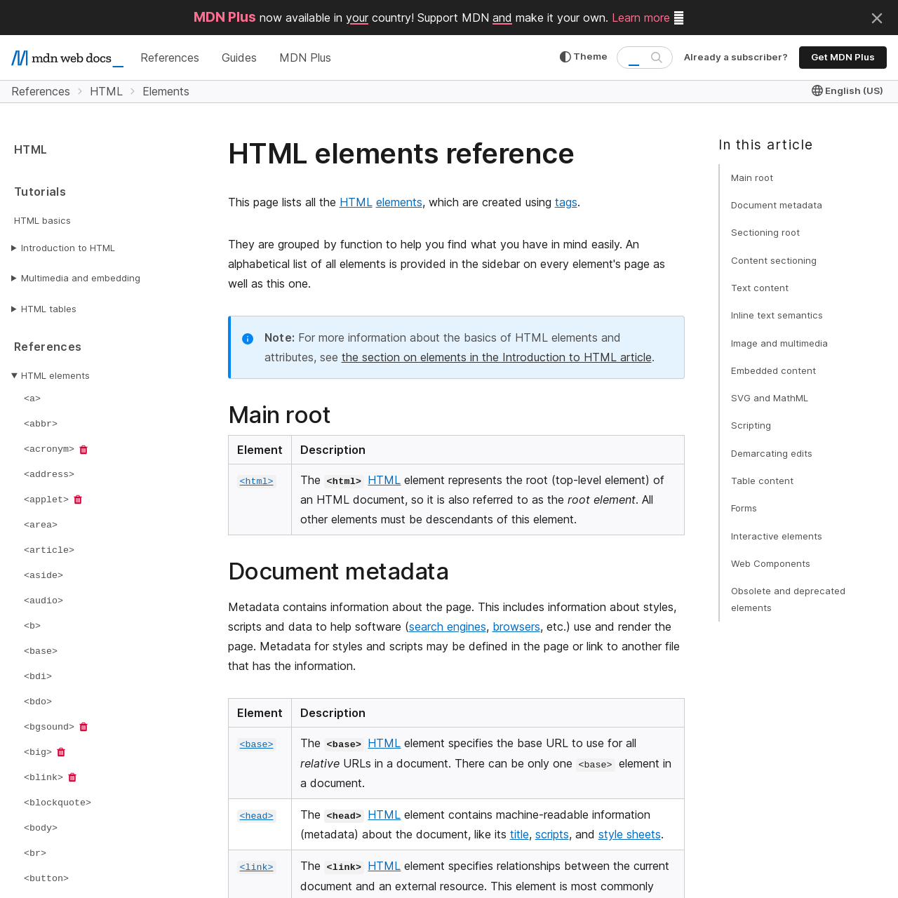 Screenshot of HTML Elements Reference website