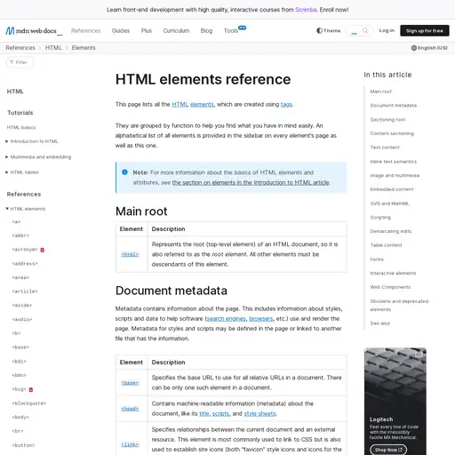 Screenshot of HTML Elements Reference website