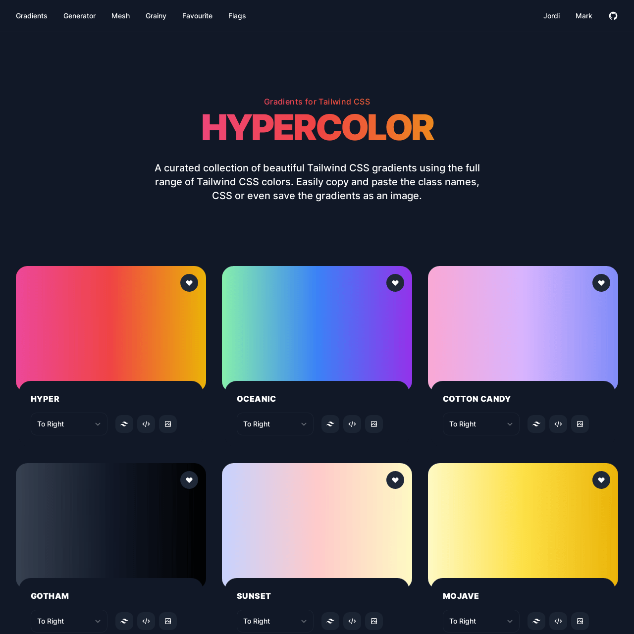 Screenshot of Hypercolor Tailwind Gradients website